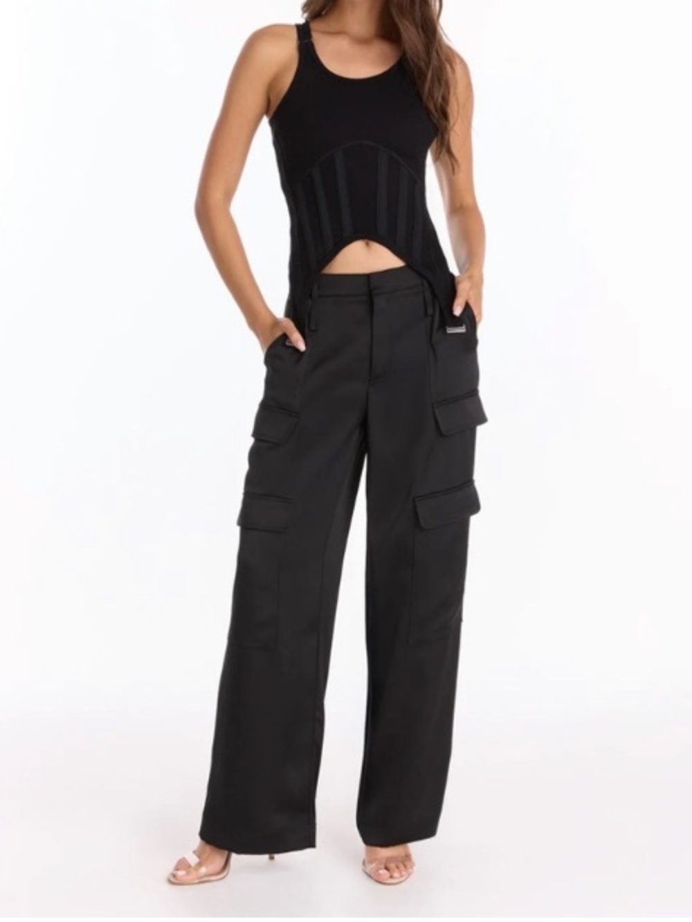 Noli Wide-Leg Satin Cargo Pants in Black Womens Size 6 - Picture 1 of 9